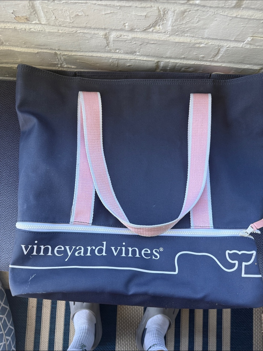 Vineyard Vines Navy Tote with Pink Strap Accents